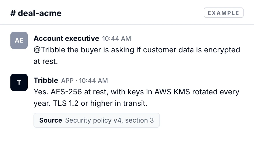 Example Slack thread: an account executive asks Tribble if customer data is encrypted at rest, and Tribble answers citing the security policy